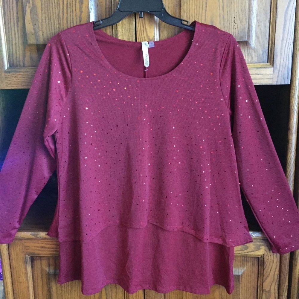 NY Collection 1X Sequined Top Cili Iced Red 1X